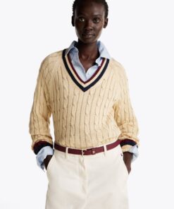 VARSITY CABLE V-NECK SWEATER