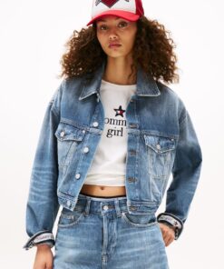 TOMMY GIRL BACK LOGO CROPPED OVERSIZED DENIM JACKET