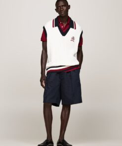 CREST EMBROIDERY WIDE LEG CHINO LINEN SHORTS